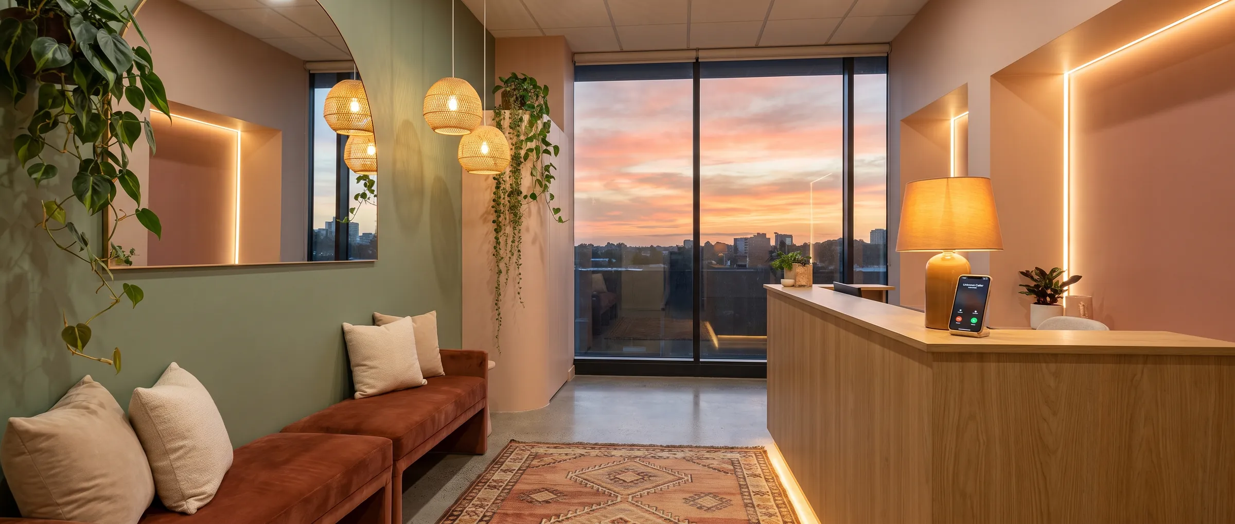 A clinic reception after closing, sunset through the window and the phone ringing at the empty desk