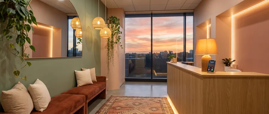 A clinic reception after closing, sunset through the window and the phone ringing at the empty desk