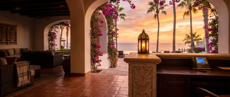 A resort lobby at sunset, a lantern lit at the empty front desk while the phone rings