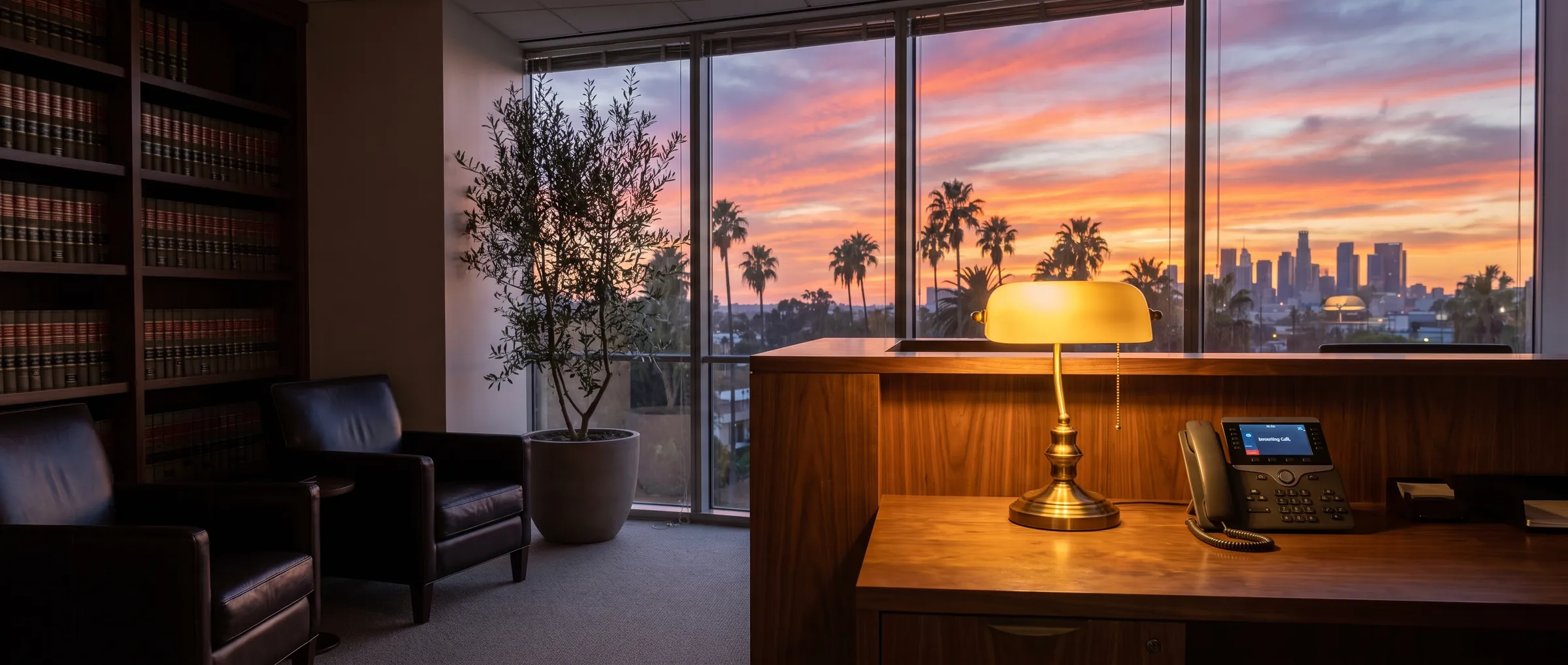 A law firm reception at sunset, the desk lamp on and the phone ringing with nobody there to answer