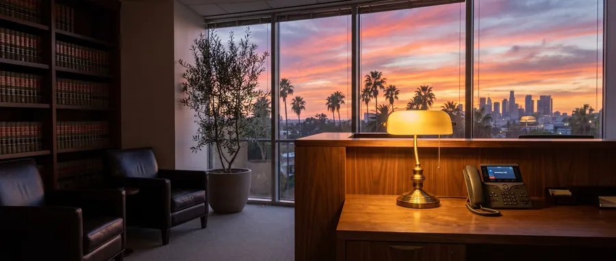 A law firm reception at sunset, the desk lamp on and the phone ringing with nobody there to answer